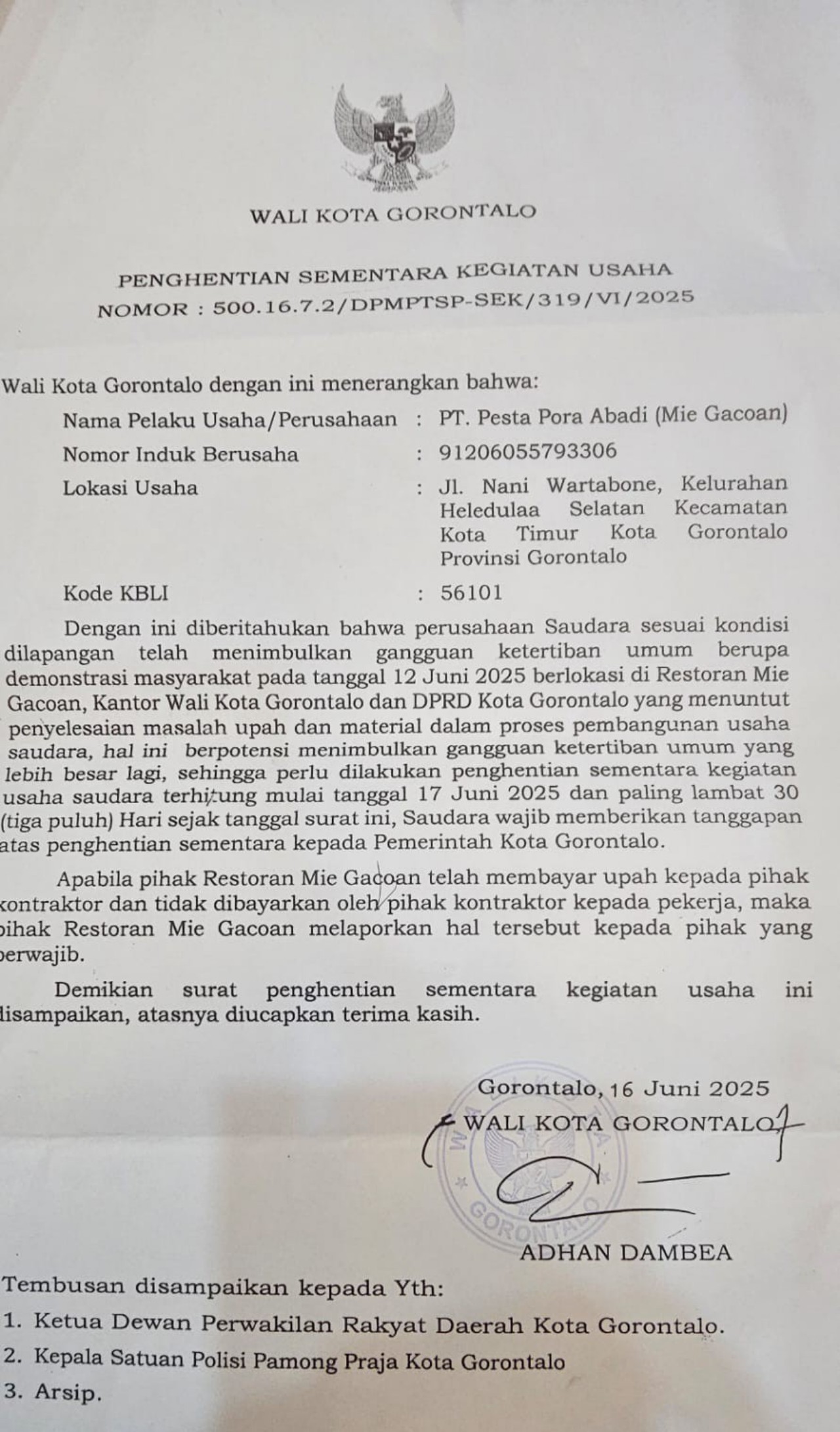 Wali Kota Gorontalo Adhan Dambea Tutup Sementara Gacoan
